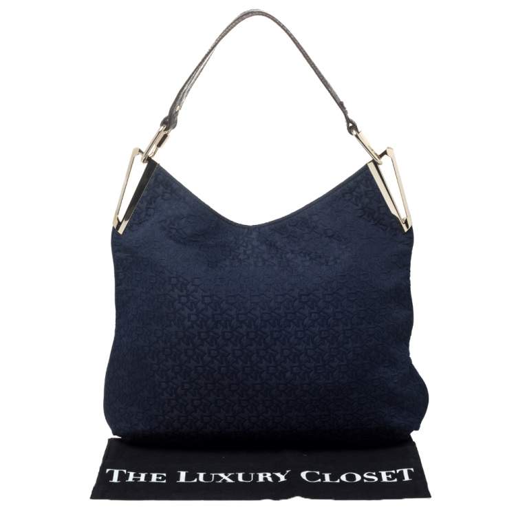 Pre Owned DKNY Blue/Brown Signature Canvas and Croc Embossed Leather Hobo