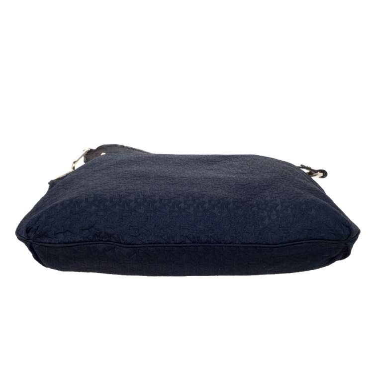 Pre Owned DKNY Blue/Brown Signature Canvas and Croc Embossed Leather Hobo