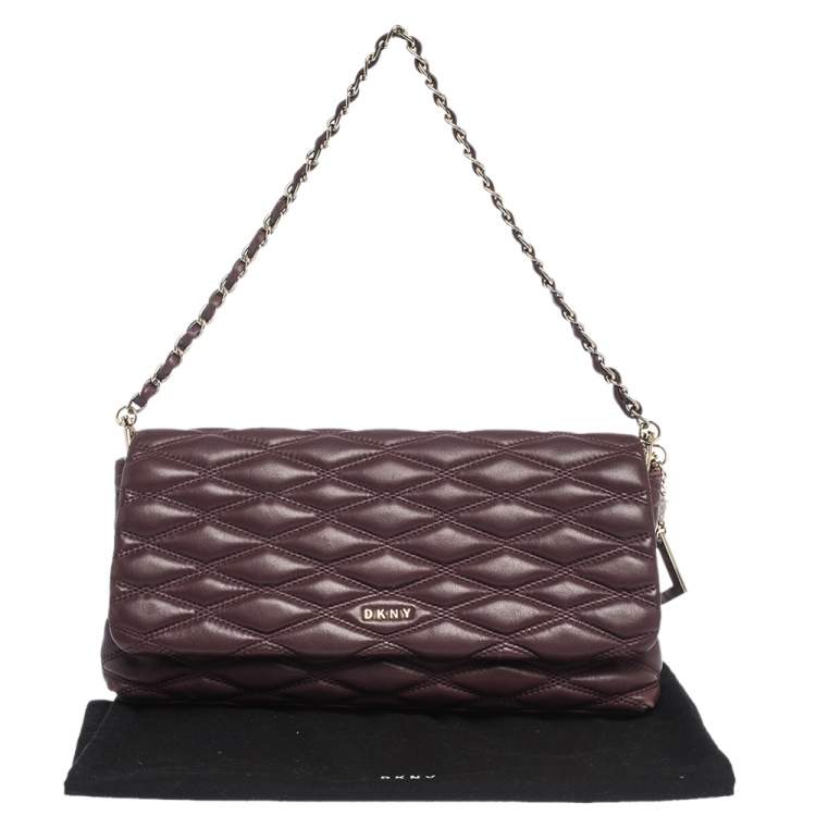 Pre Owned Dkny Burgundy Quilted Leather Flap Chain Clutch Bag