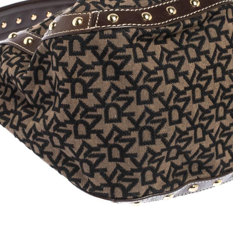 Pre Owned Dkny Brown/Black Signature Canvas and Leather Studded Hobo