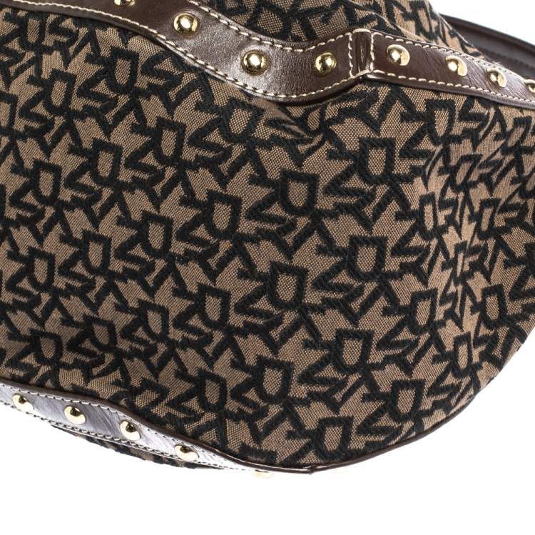 Pre Owned Dkny Brown/Black Signature Canvas and Leather Studded Hobo