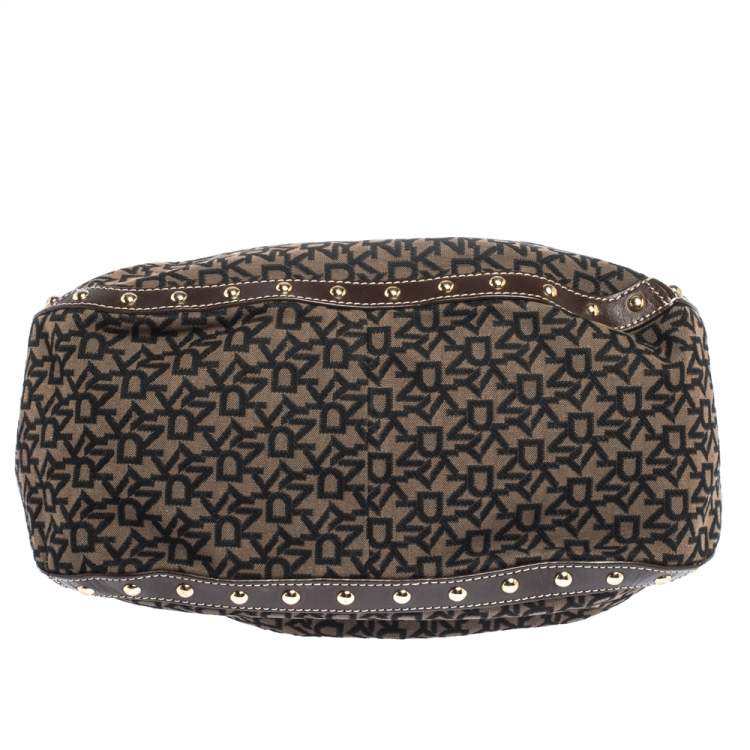 Pre Owned Dkny Brown/Black Signature Canvas and Leather Studded Hobo