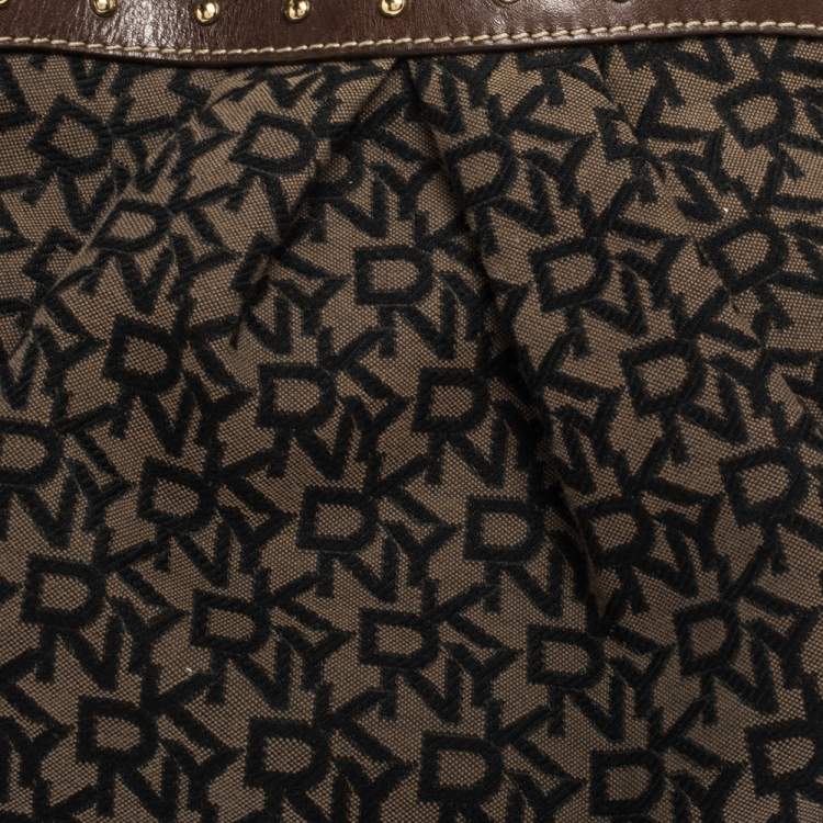 Pre Owned Dkny Brown/Black Signature Canvas and Leather Studded Hobo