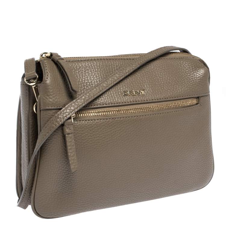 Pre Owned DKNY Brown Leather Front Zip Crossbody Bag
