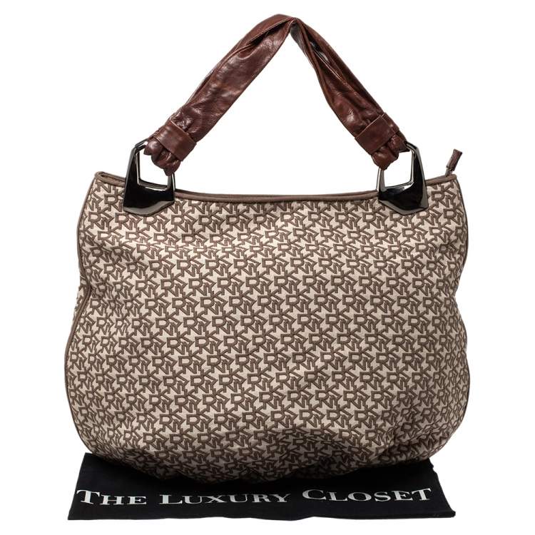 Pre Owned Dkny Beige/Brown Signature Canvas and Leather Hobo