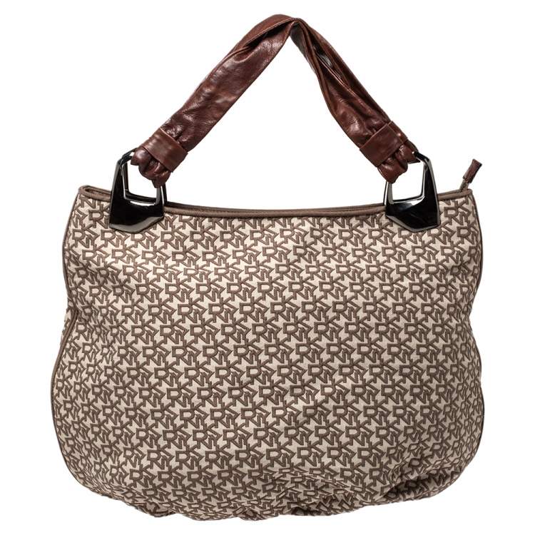 Pre Owned Dkny Beige/Brown Signature Canvas and Leather Hobo