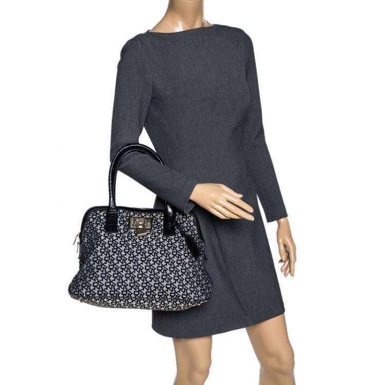 Pre Owned Dkny Grey/Black Monogram Canvas and Leather Dome Satchel