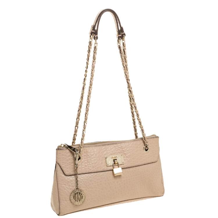Pre Owned DKNY Nude Beige Leather Lock Chain Shoulder Bag