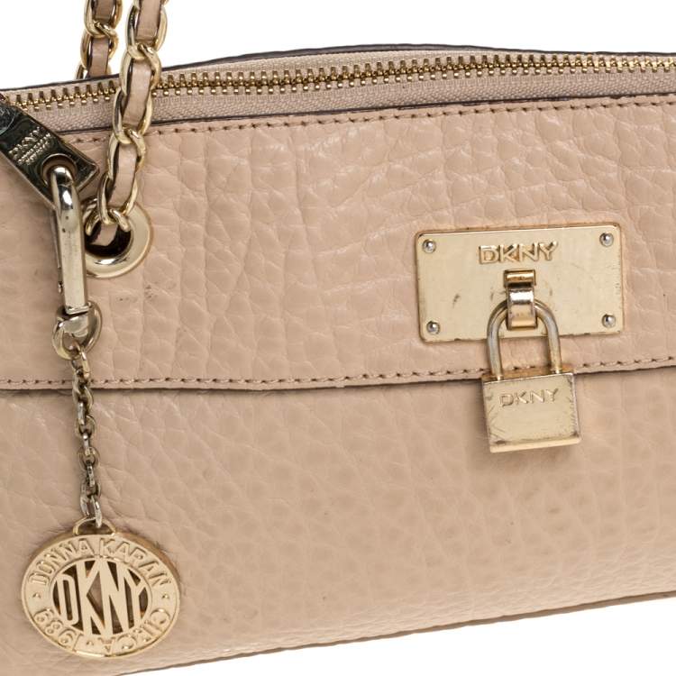 Pre Owned DKNY Nude Beige Leather Lock Chain Shoulder Bag