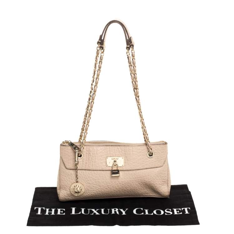 Pre Owned DKNY Nude Beige Leather Lock Chain Shoulder Bag