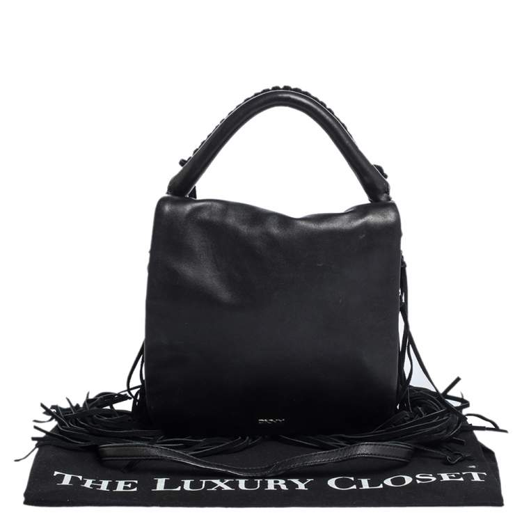 Pre Owned DKNY Black Leather Fringe Flap Top Handle Bag