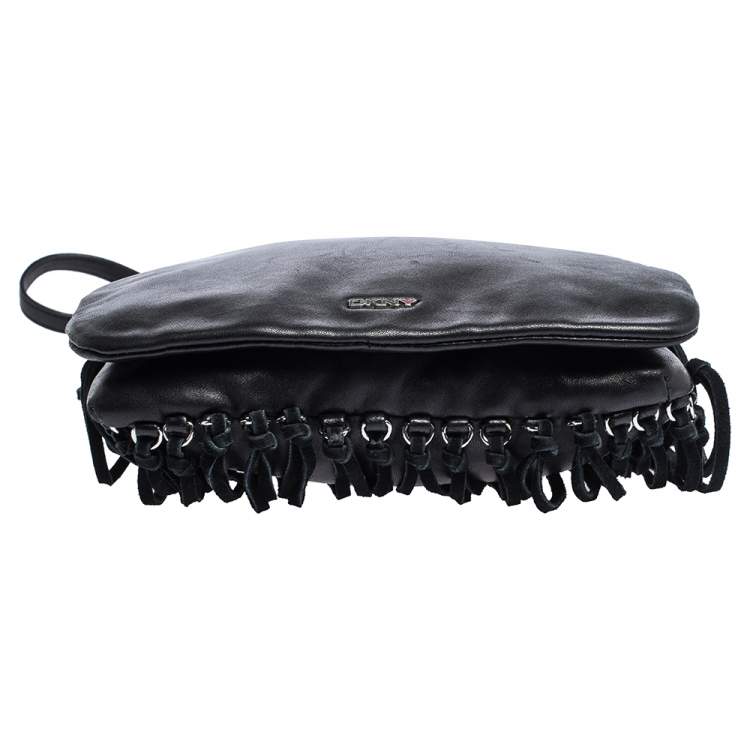Pre Owned DKNY Black Leather Fringe Flap Top Handle Bag