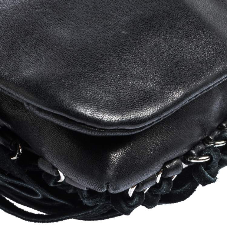 Pre Owned DKNY Black Leather Fringe Flap Top Handle Bag