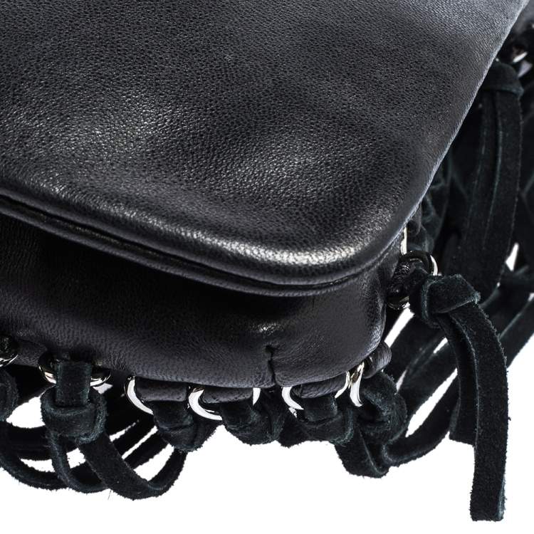 Pre Owned DKNY Black Leather Fringe Flap Top Handle Bag
