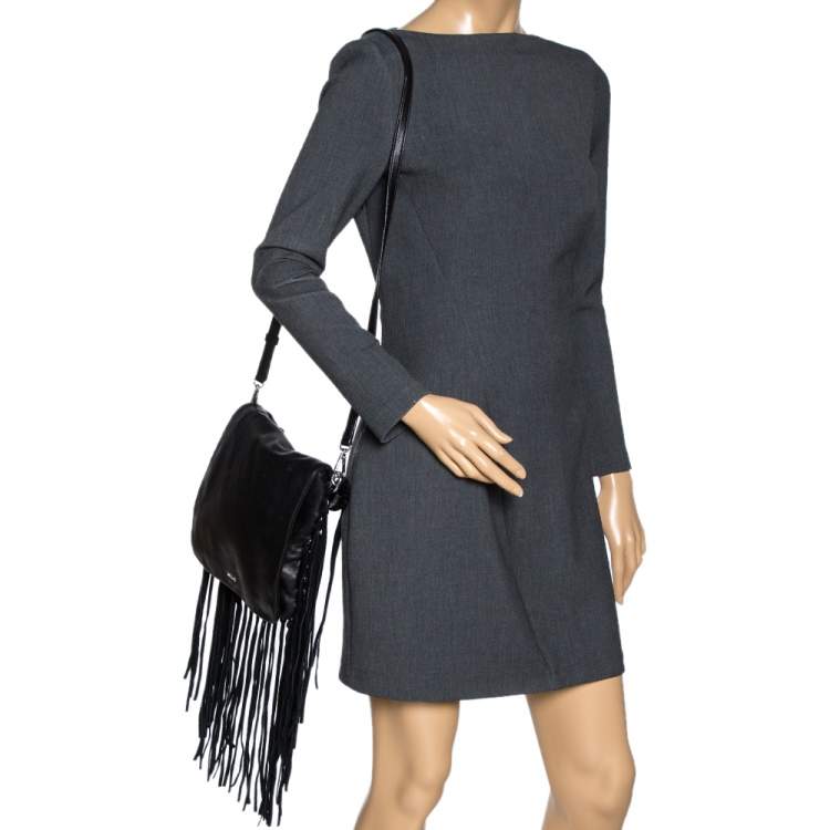 Pre Owned DKNY Black Leather Fringe Flap Top Handle Bag