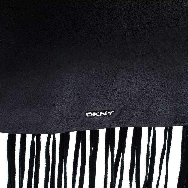 Pre Owned DKNY Black Leather Fringe Flap Top Handle Bag