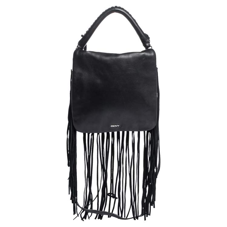 Pre Owned DKNY Black Leather Fringe Flap Top Handle Bag