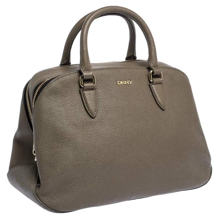 Pre Owned DKNY Khaki Leather Double Zipper Satchel