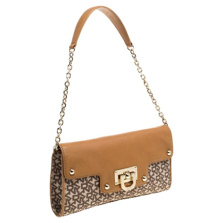 Pre Owned Dkny Beige/Tan Signature Canvas and Leather Shoulder Bag