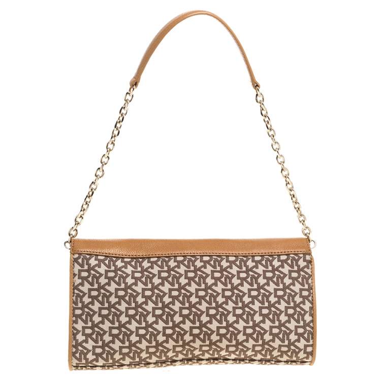 Pre Owned Dkny Beige/Tan Signature Canvas and Leather Shoulder Bag