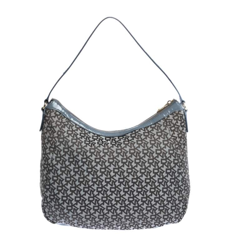 Pre Owned Dkny Grey Signature Canvas and Patent Leather Hobo