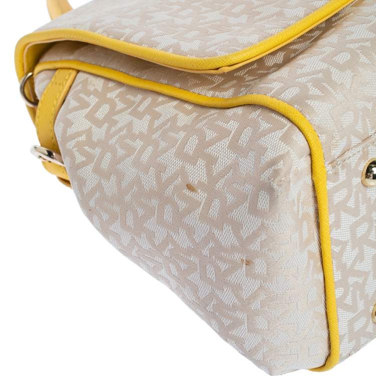 Pre Owned DKNY Beige/Yellow Signature Canvas and Leather Flap Top Handle Bag