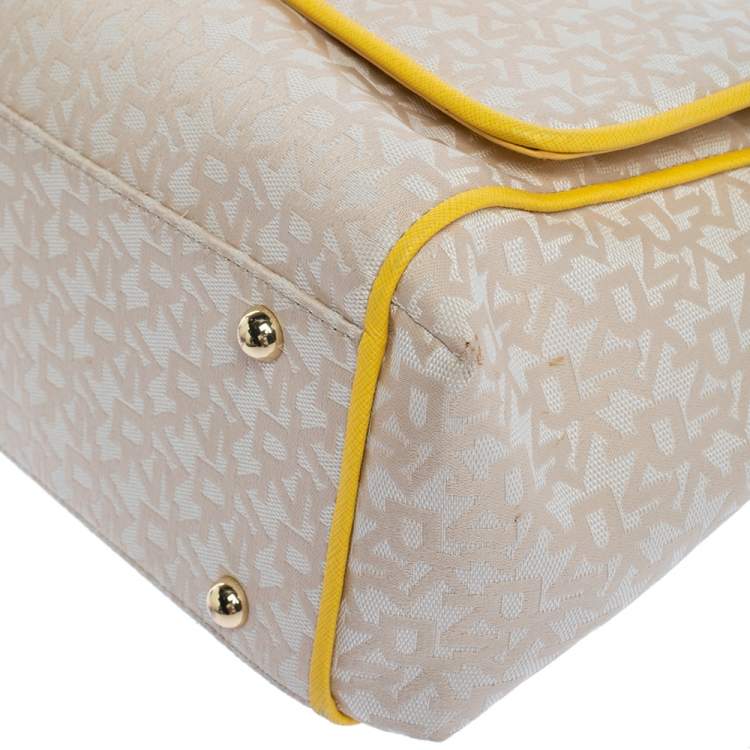 Pre Owned DKNY Beige/Yellow Signature Canvas and Leather Flap Top Handle Bag