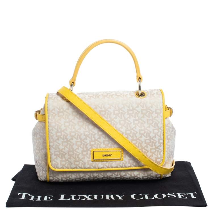 Pre Owned DKNY Beige/Yellow Signature Canvas and Leather Flap Top Handle Bag
