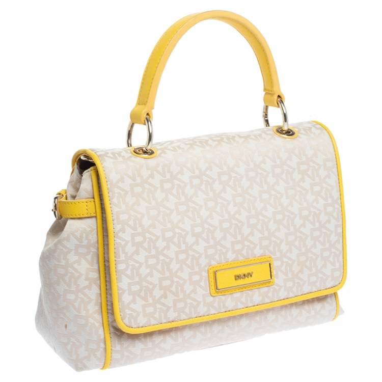 Pre Owned DKNY Beige/Yellow Signature Canvas and Leather Flap Top Handle Bag