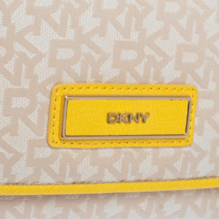 Pre Owned DKNY Beige/Yellow Signature Canvas and Leather Flap Top Handle Bag