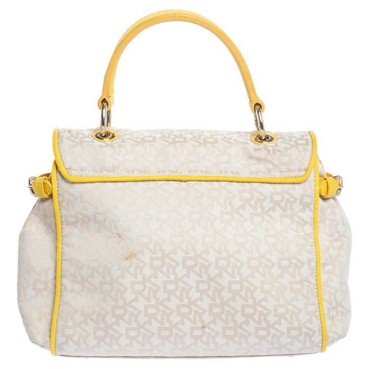 Pre Owned DKNY Beige/Yellow Signature Canvas and Leather Flap Top Handle Bag