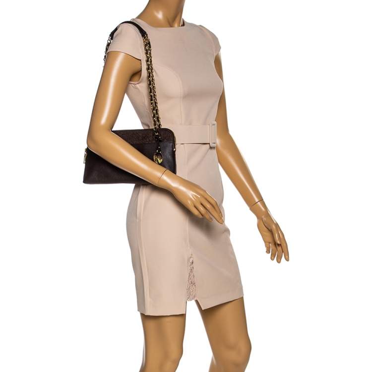 Pre Owned Dkny Brown Signature Canvas and Leather Chain Shoulder Bag