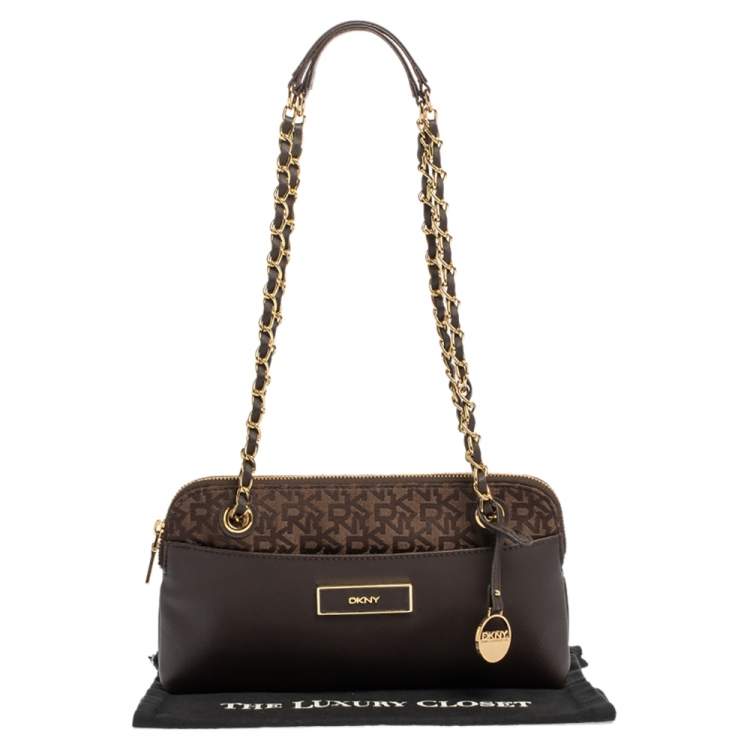 Pre Owned Dkny Brown Signature Canvas and Leather Chain Shoulder Bag