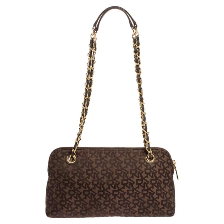Pre Owned Dkny Brown Signature Canvas and Leather Chain Shoulder Bag