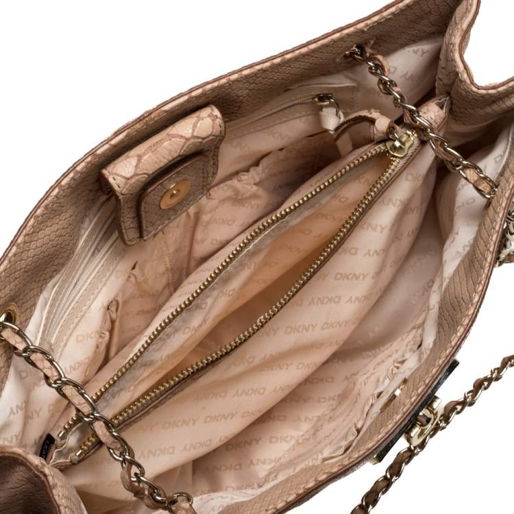 Pre Owned Dkny Peach Python Embossed Leather Chain Tote