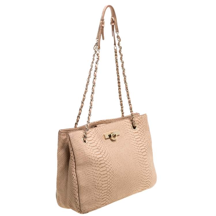 Pre Owned Dkny Peach Python Embossed Leather Chain Tote