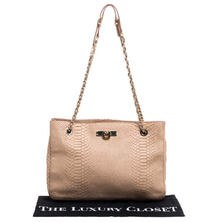 Pre Owned Dkny Peach Python Embossed Leather Chain Tote