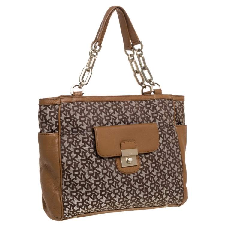 Pre Owned Dkny Beige/Tan Signature Canvas and Leather Tote