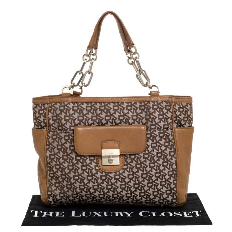 Pre Owned Dkny Beige/Tan Signature Canvas and Leather Tote