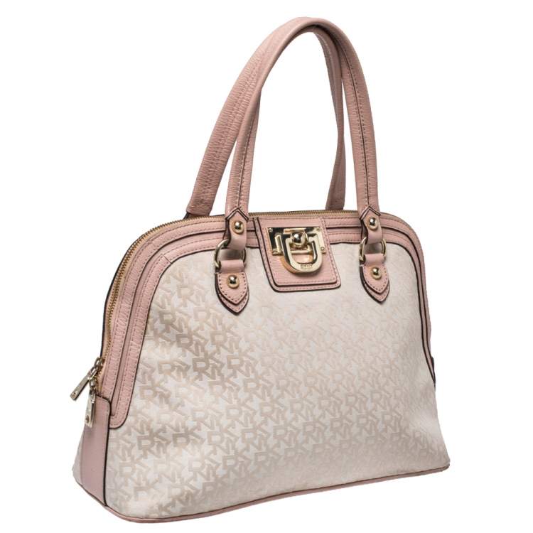 Pre Owned Dkny Pink/Beige Signature Canvas and Leather Dome Satchel 