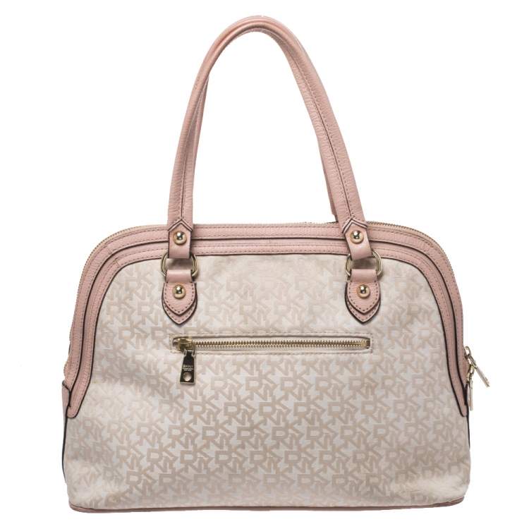 Pre Owned Dkny Pink/Beige Signature Canvas and Leather Dome Satchel 