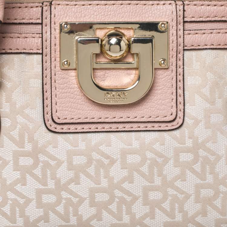 Pre Owned Dkny Pink/Beige Signature Canvas and Leather Dome Satchel 