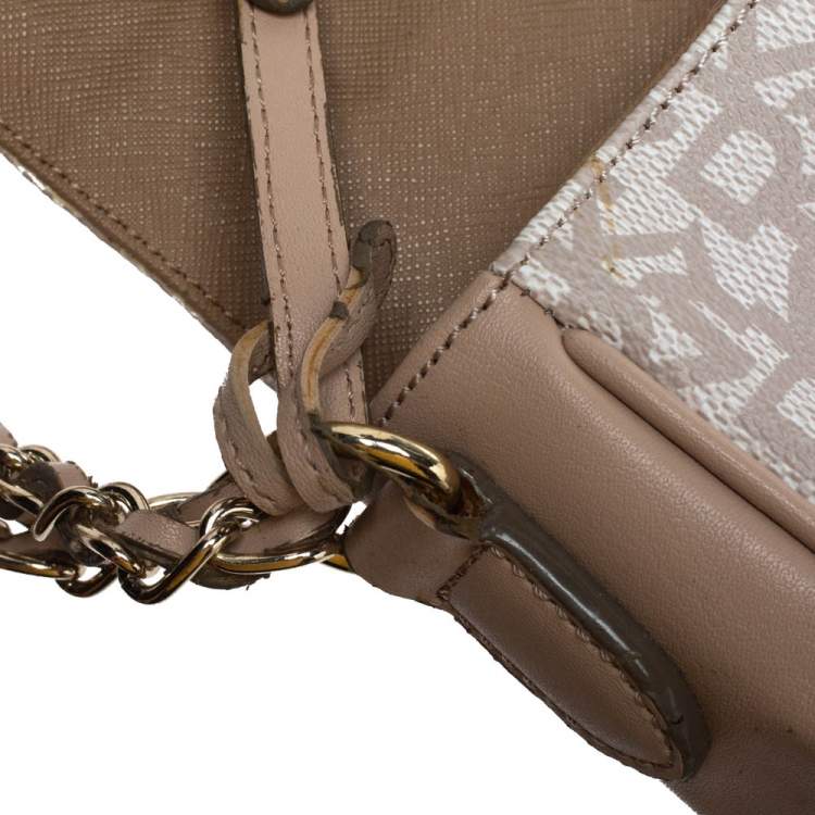 Pre Owned Dkny Beige/White Signature Coated Canvas and Leather Flap Shoulder Bag
