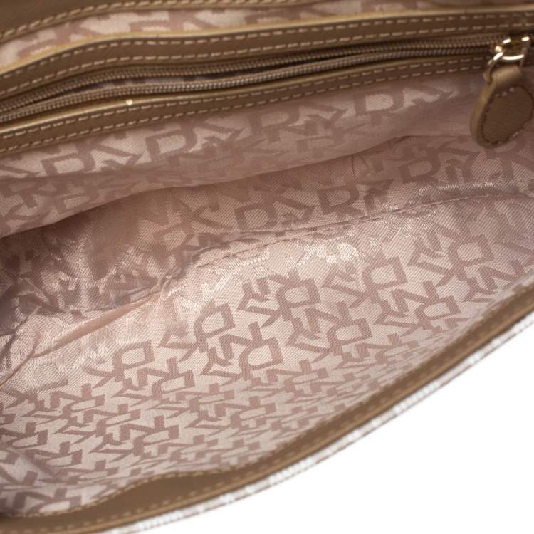 Pre Owned Dkny Beige/White Signature Coated Canvas and Leather Flap Shoulder Bag