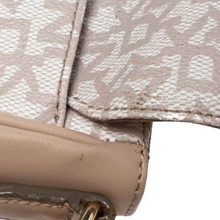 Pre Owned Dkny Beige/White Signature Coated Canvas and Leather Flap Shoulder Bag