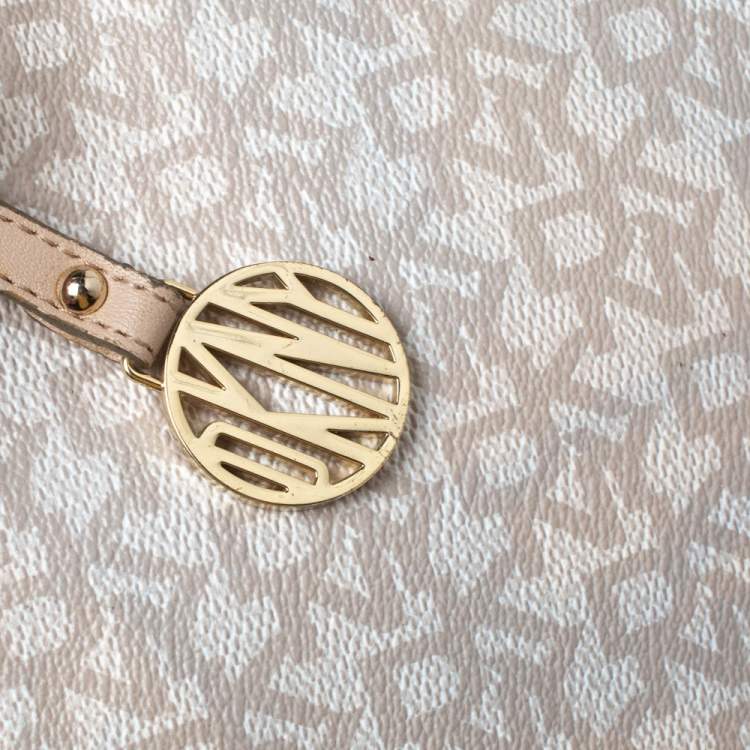 Pre Owned Dkny Beige/White Signature Coated Canvas and Leather Flap Shoulder Bag