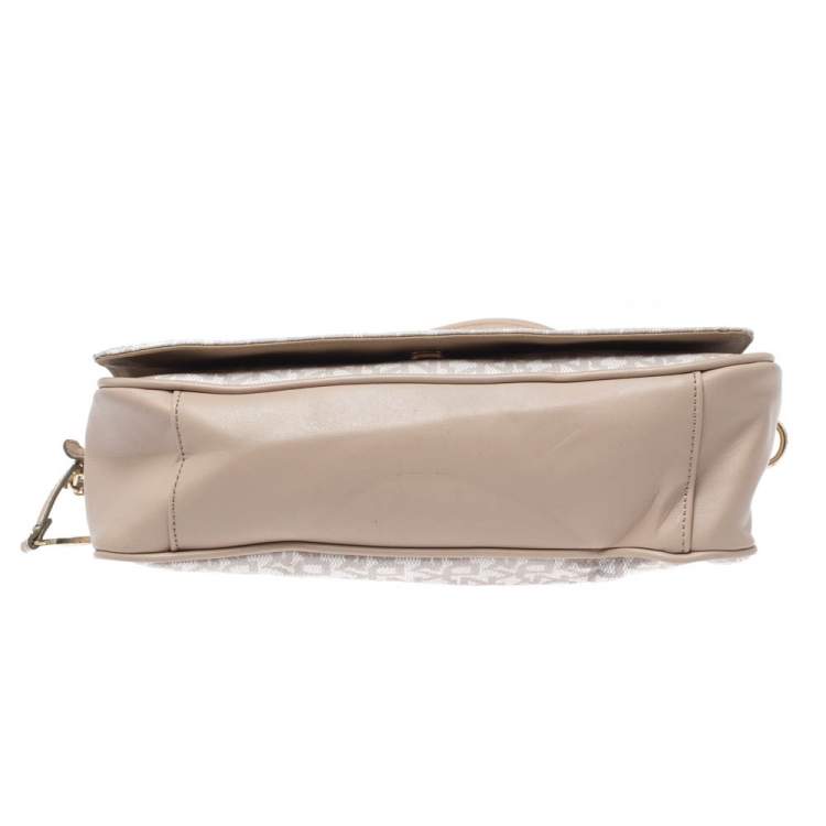 Pre Owned Dkny Beige/White Signature Coated Canvas and Leather Flap Shoulder Bag