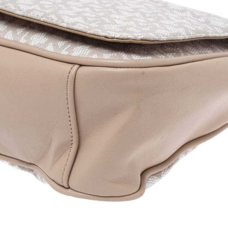 Pre Owned Dkny Beige/White Signature Coated Canvas and Leather Flap Shoulder Bag