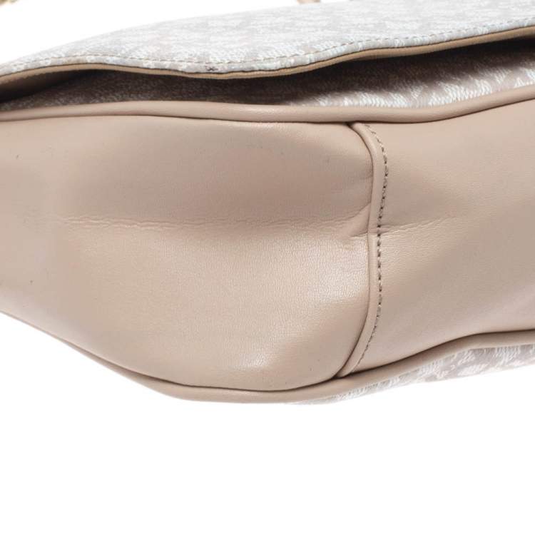 Pre Owned Dkny Beige/White Signature Coated Canvas and Leather Flap Shoulder Bag