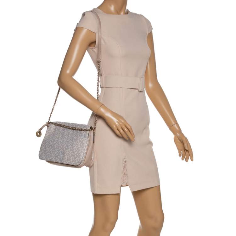 Pre Owned Dkny Beige/White Signature Coated Canvas and Leather Flap Shoulder Bag